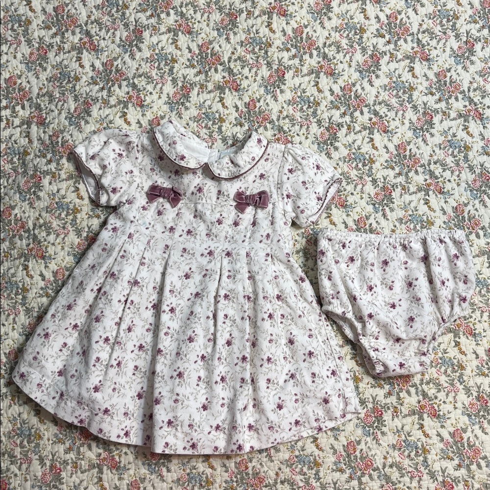 Velvet Pleated Vintage Look Babygirl Dress and Bloomers Size 9 Months